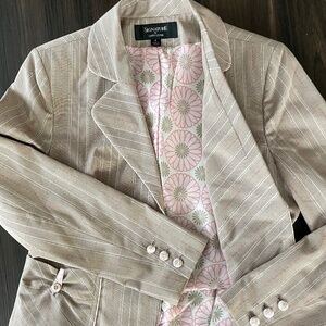 Retro Suit Floral Lined Pink Larry Levine Pinstripe Brown Blazer Pants Size 8